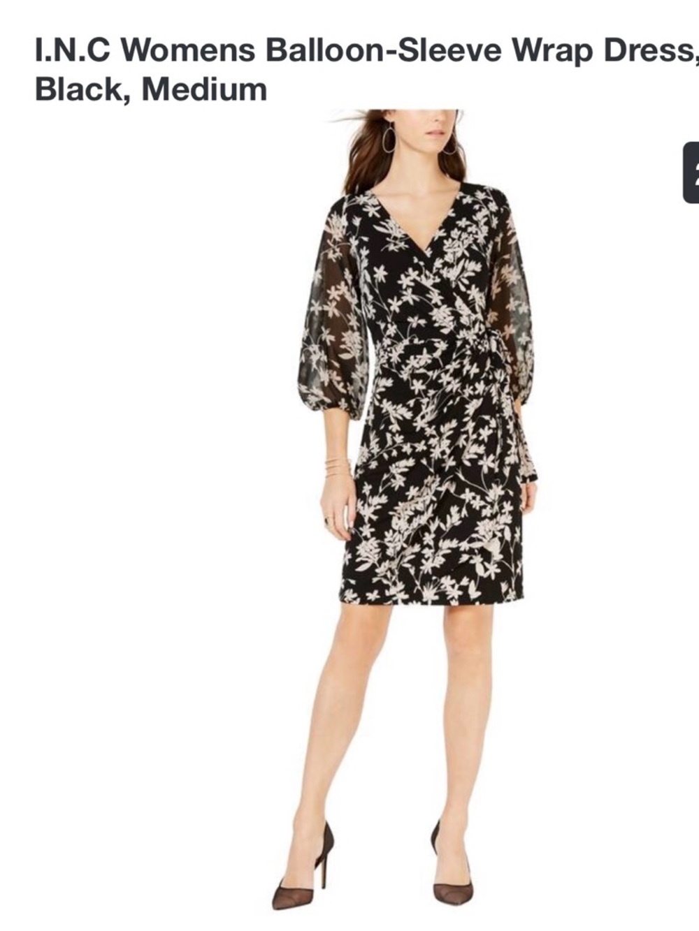 INC International Concepts Black Floral Wrap Dress with Balloon Sleeves new